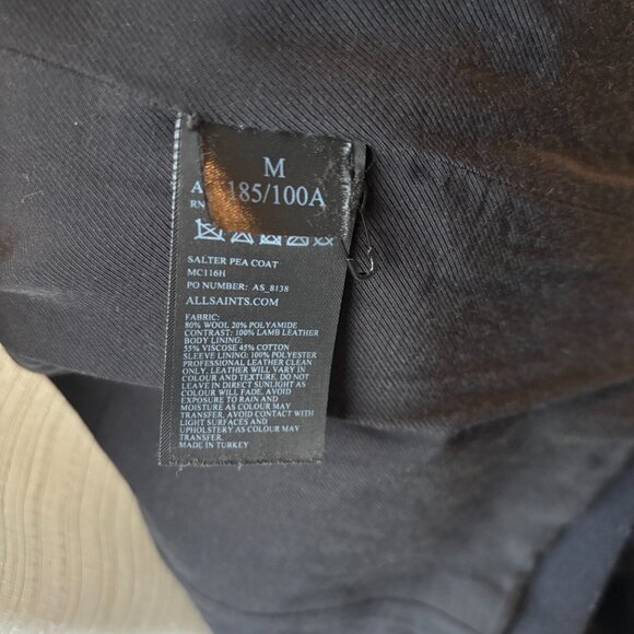 $800 AllSaints Salter Navy Wool Pea Coat Leather Trim- Medium - Picture 14 of 14